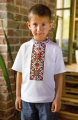 Вышиванка для мальчика "Подольская" белая с коротким рукавом с красной вышивкой (LS-95212171-92), 92, хлопок