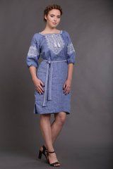 Женственное льняное платье цвета джинс с национальной вышивкой - ассортимент размеров (NB-1526-jns), 42