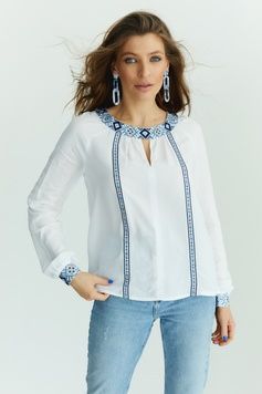 ЖІНОЧА ВИШИВАНКА "ОБЕРЕГОВЕ НАМИСТО" З БІЛОГО ШТАПЕЛЮ (SZH-22-blu), 42(XS), віскоза