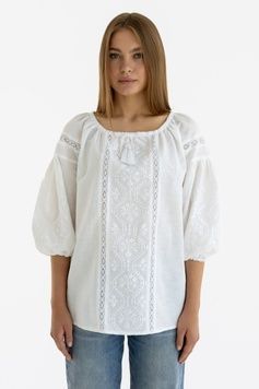 ЖІНОЧА ВИШИВАНКА "ЛЕДА" З БІЛОГО ЛЬОНУ (SZH-34-wt), 42(XS), льон