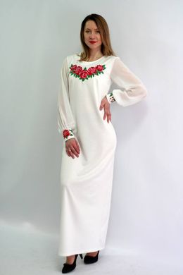 Довга вишита сукня "Подих троянди" із трикотажу молочного кольору для жінок (PL-009-061-Tr-mlk), 42