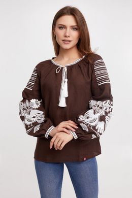 Женская красивая коричневая рубашка с белой вышивкой (FM-0766), XS, лён