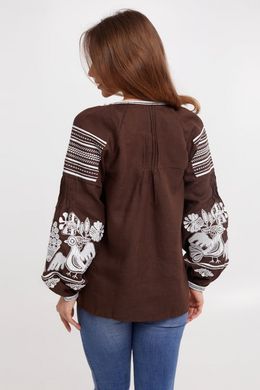 Женская красивая коричневая рубашка с белой вышивкой (FM-0766), XS, лён
