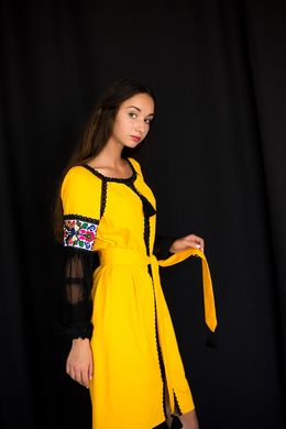 Желтое короткое льняное платье со старинной вышивкой (ЛА-12), 42
