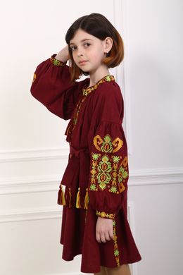 Вышитое платье марсала для девочек Красота 2 (PLd-135-179-L), 116, лен