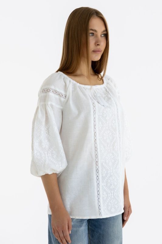 ЖІНОЧА ВИШИВАНКА "ЛЕДА" З БІЛОГО ЛЬОНУ (SZH-34-wt), 42(XS), льон