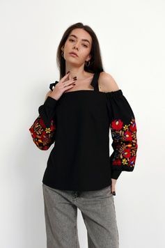 ВИШИТА ЖІНОЧА БЛУЗА "КВІТКОВИЙ РИТМ" ЧОРНА (DBRS-90-blc), 42, Льон + котон