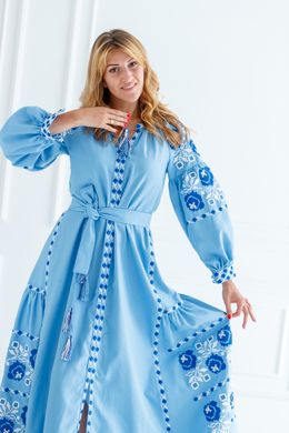 Платье вышитое "Очарование" с клиньями голубое (PL-031-066-O), 40