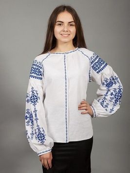 Синьо-біла вишита блузка із льону з геометричним орнаментом для жінок (gbv-24-03), 40, льон