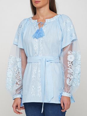 Красивая вышиванка женская на голубом льне (GNM-02429), 40, лен