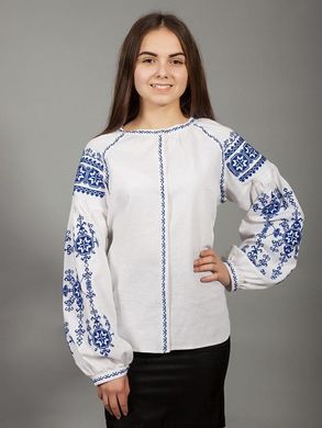 Сине-белая вышитая блузка из льна с геометрическим орнаментом для женщин (gbv-24-03), 40, лен