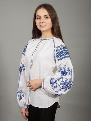 Сине-белая вышитая блузка из льна с геометрическим орнаментом для женщин (gbv-24-03), 40, лен