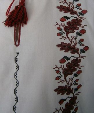Стильная вышиванка "Черниговская" с коротким рукавом из льна или полотна с контрастным орнаментом для мужчин (GNM-00584), 38, домотканое полотно