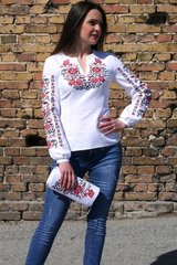 Приталенная белая блузка "Цветочный орнамент" из ткани Оникс с вышивкой для женщин (BL-222-020-О), 40