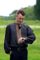 Чоловіча вишиванка з чорного льону з національним візерунком (GNM-02121), 38, льон чорний