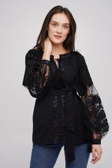 Женская вышитая блузка вышитая черными нитями на черном домотканом полотне (GNM-02614), 40, домотканое полотно