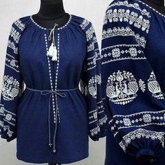 Удлинённая синяя вышиванка из льна или габардина с контрастным орнаментом для женщин (GNM-01754), 40, лен