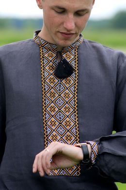 Мужская вышиванка из черного льна с национальным узором (GNM-02121), 38, лен черного цвета