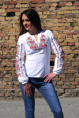 Приталена біла блузка "Квітковий орнамент" із тканини Онікс з вишивкою для жінок (BL-222-020-О), 40