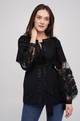 Жіноча вишивана блузка вишита чорними нитками на чорному домотканому полотні (GNM-02614), 40, домоткане полотно