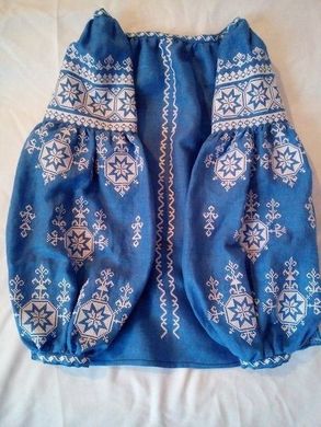Українська вишиванка синього кольору із полотна або габардину з контрастним візерунком у стилі "Бохо" для жінок (GNM-01998), 40, домоткане полотно