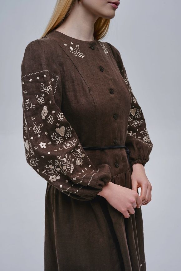 ВИШУКАНА ВИШИТА ЛЛЯНА СУКНЯ "СЕРДЕНЬКО" КОРИЧНЕВОГО КОЛЬОРУ (VUT-4260), XS, льон
