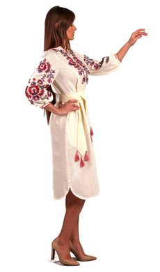 Жіноча лляна біла сукня з вишивкою (FM-5025), XS, льон