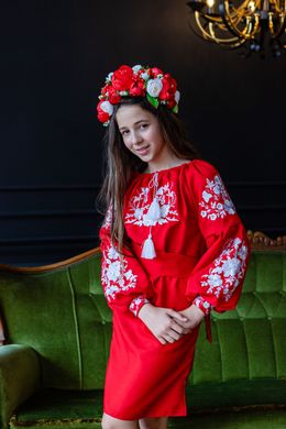 Вышитое красное яркое платье Букет для девочки (OS-0218), 3 года, габардин