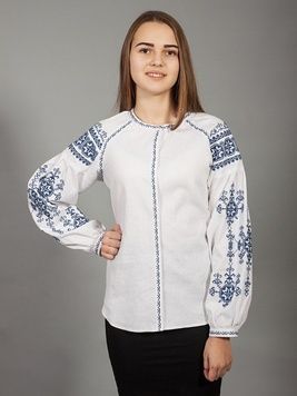 Візерунчаста вишиванка із білого льону з темно-синім геометричним орнаментом для жінок (gbv-24-05), 40, льон