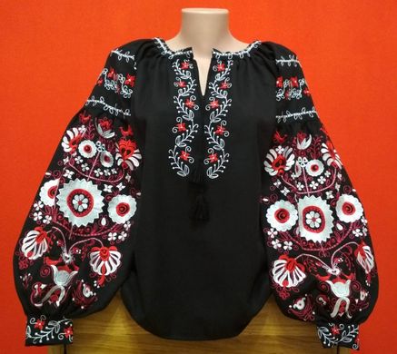 Красива і яскрава жіноча вишита блузка на чорному домотканому полотні "Бохо" (GNM-02251), 40, льон