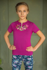 Вышитая футболка для девочки "Маки" фиолетовая (LS-96710027-92), 92, вискоза