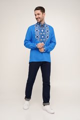 Опт. Вишита чоловіча сорочка яскраво-синього кольору (DB-grt-0026), S, льон