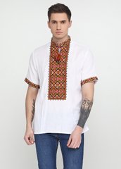 Величественная белая сорочка с национальным трёхцветным орнаментом для мужчин (chsv-29-02), 40, лен