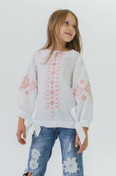 Вишита блуза для дівчинки з бантами White UKR-0307, 152, льон