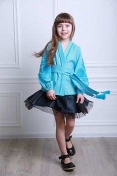 Вишиванка блакитна для дівчинки Літній цвіт (BLd-329-062-L), 116, льон