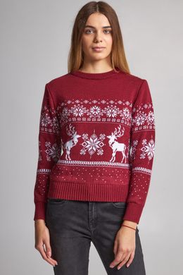 Рождественский женский бордовый свитер с оленями (UKRS-8847), XS, шерсть, акрил