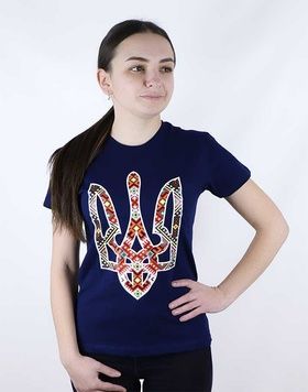 Жіноча футболка з принтом &laquo;Тризуб вишиванка&raquo;, темно-синя (es-330), M