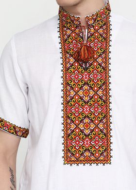 Велична біла сорочка з національним триколірним орнаментом для чоловіків (chsv-29-02), 40, льон