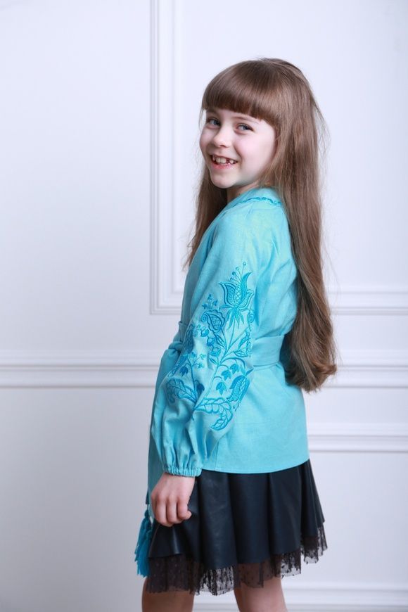 Вишиванка блакитна для дівчинки Літній цвіт (BLd-329-062-L), 116, льон