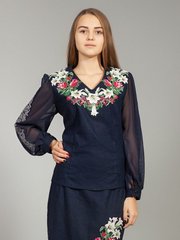 Шифоново-лляна темно-синя блуза з квітковим орнаментом для жінок (gbv-22-01), 40, домоткане полотно, льон