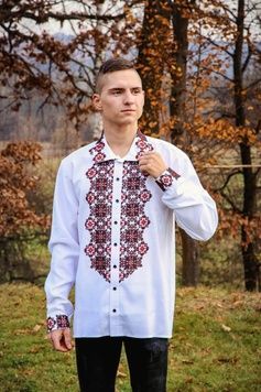 Вишиванка чоловіча бісером на домотканому полотні (GNM-01889), 38, домоткане полотно біле
