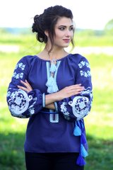Синяя вышитая женская блузка на поясе "Бохо" (GNM-02125), 40, габардин