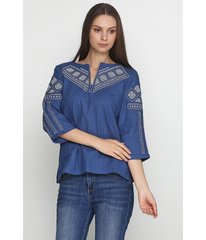 Изысканная женская рубашка тёмно-синего цвета с рукавом три четверти (M-232-1), 44