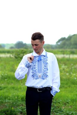 Вышиванка для мужчин с голубым узором в украинском стиле "Волшебство" (GNM-01591), 40, лен белого цвета