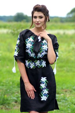 Платье для женщин с цветочной вышивкой в черном цвете "Лилия" (GNM-00413), 42, лен черного цвета