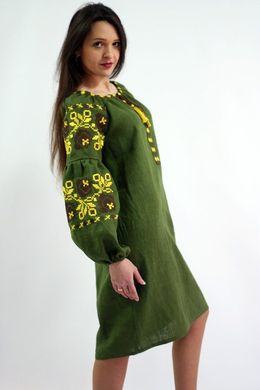 Льняное вышитое платье "Обаяние 2" зелёно-защитного цвета с вышивкой для женщин (PL-035-066-L-grn), 42