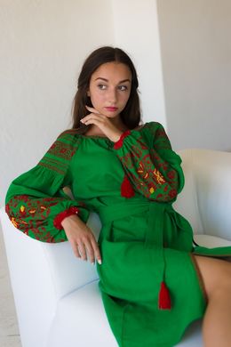 Платье короткое зеленого цвета со старинной вышивкой (ЛА-10), 42