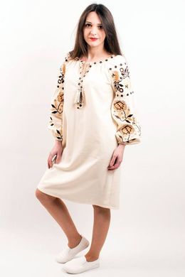 Молочное вышитое платье прямого силуэта "Обаяние" из домотканого полотна для женщин (PL-045-066-D), 40