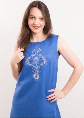 Яркое летнее платье "Перо павлина" из синего льна с украинским орнаментом для женщин (PL-004-144-L), 42