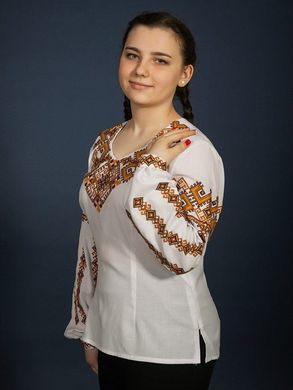 Патриотичная вышиванка из белого полотна с орнаментом в гуцульских традициях для женщин (gbv-08-03), 40, лен